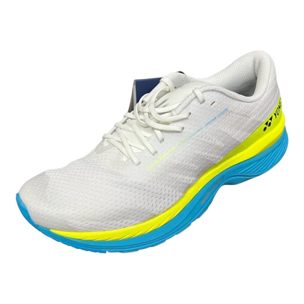 Tenis de correr Radach Sports Yonex Saferun 100x para hombre en color blanco con detalles en amarillo y azul