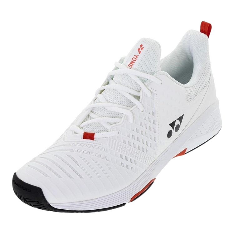 Tenis de tenis Radach Sports Yonex Sonicage 3 blancos con detalles en rojo y suela negra para alto rendimiento