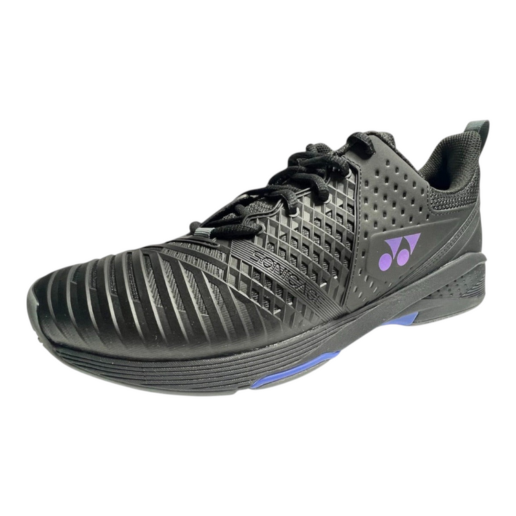 Tenis de tenis Radach Sports Yonex Sonicage 3 en color negro con detalles morados y tecnología Power Cushion