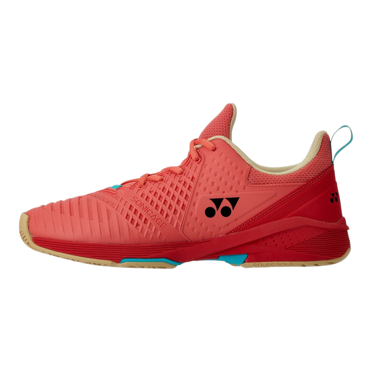 Tenis de tenis Radach Sports Yonex Sonicage 3 en color rojo coral con suela de goma y diseño ligero de alto rendimiento