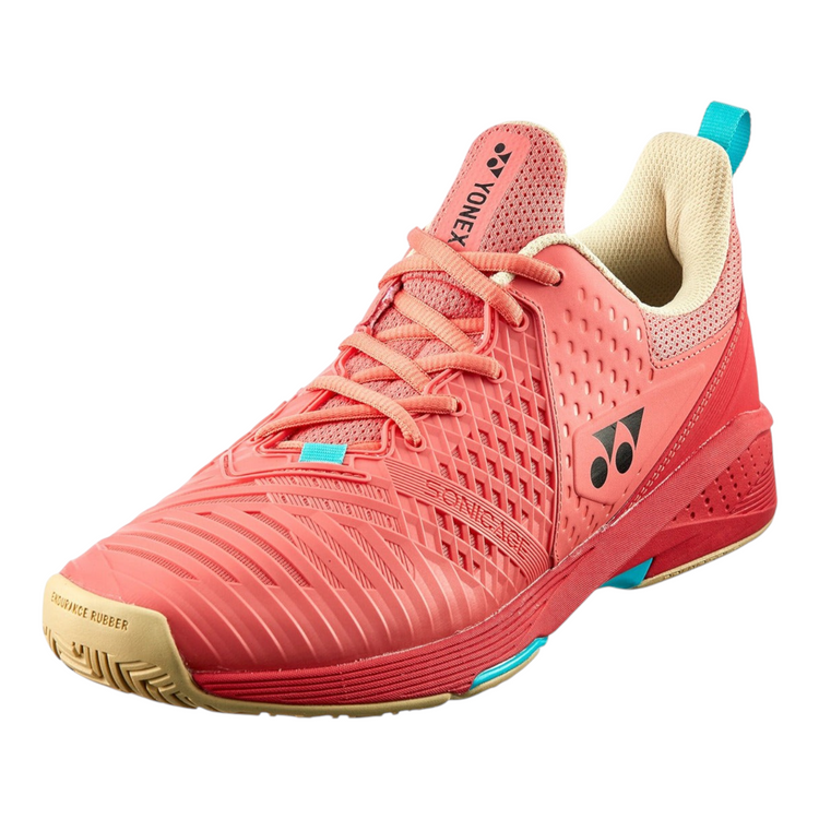 Tenis de tenis Radach Sports Yonex Sonicage 3 en color rojo coral con suela de goma resistente y diseño ligero