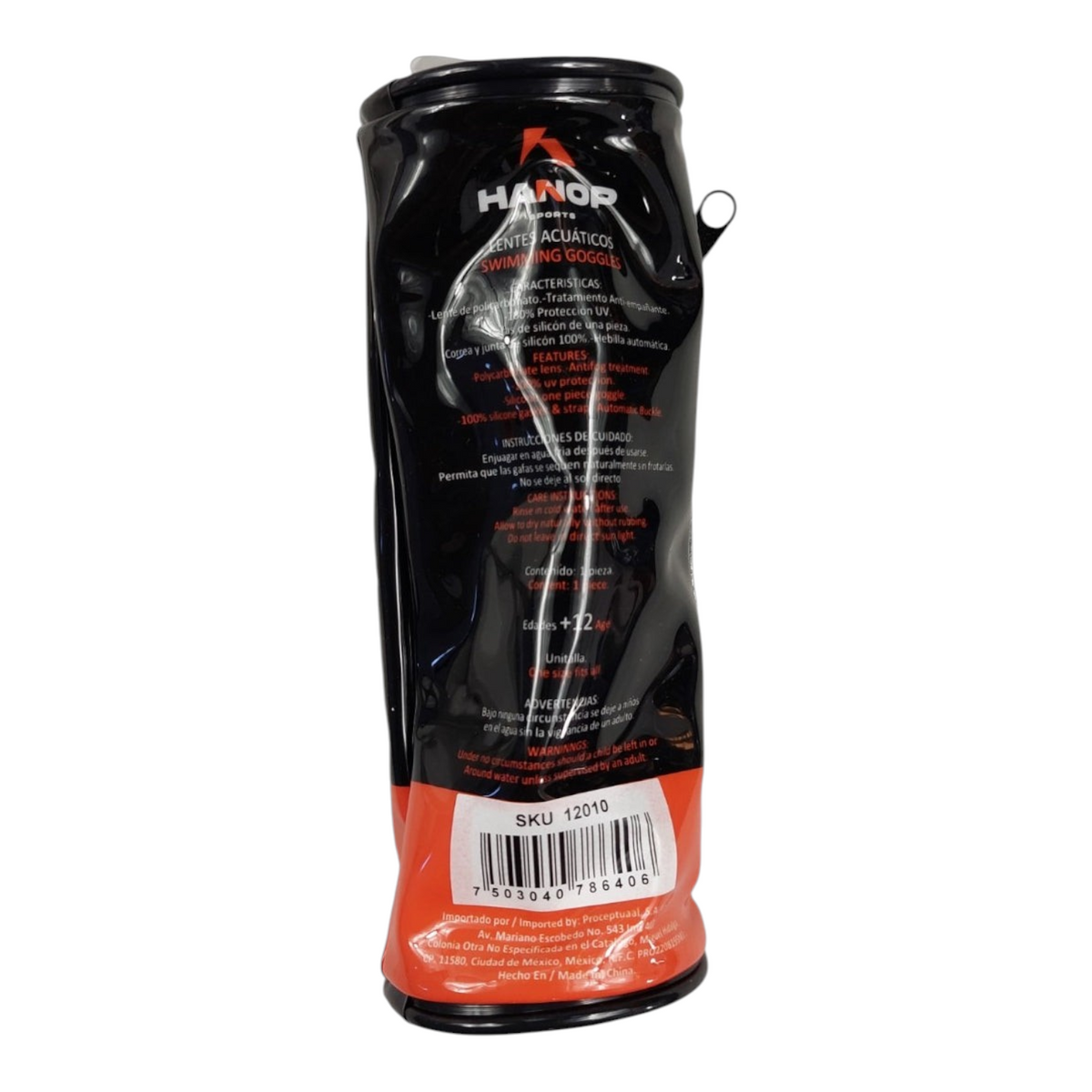 Tubo de empaque Radach Sports para goggles de natación Hanop G540 en color rojo con información técnica
