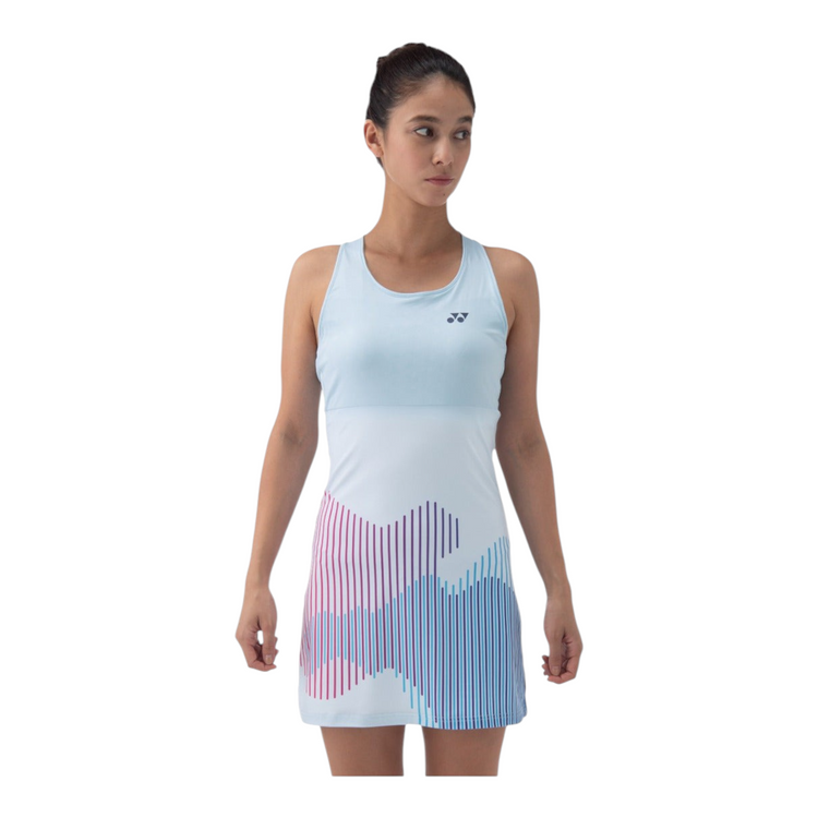 Vestido de tenis Radach Sports Yonex azul cristal con diseño gráfico de líneas verticales y corte deportivo