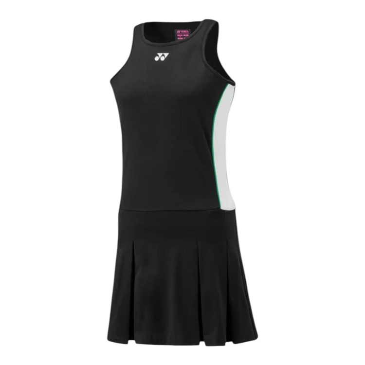 Vestido deportivo Radach Sports Yonex negro con falda plisada, detalles en blanco y verde para tenis y pádel