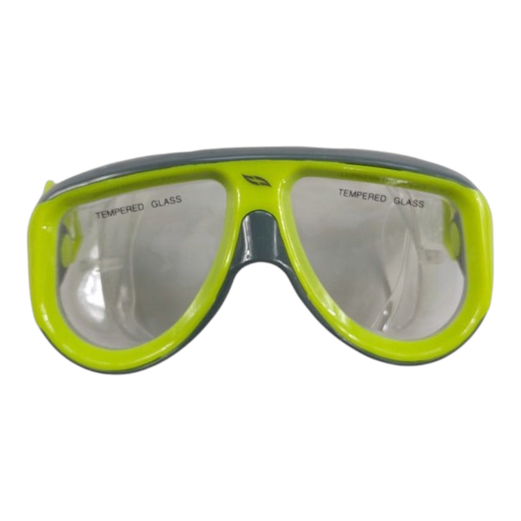 Visor de esnórquel Radach Sports Triton con marco verde neón y gris, lentes de vidrio templado y ajuste cómodo.