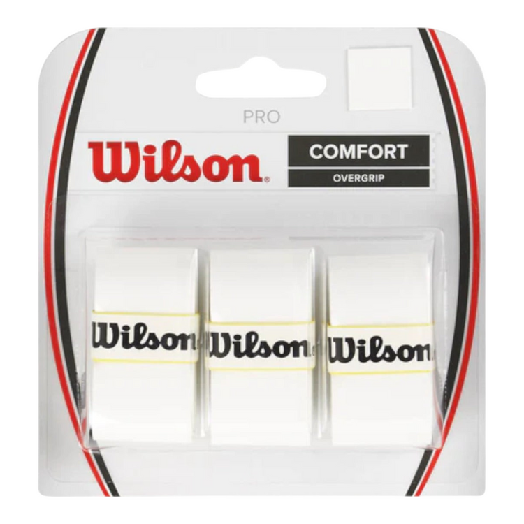 Paquete de 3 overgrips blancos Wilson Pro Comfort para raquetas de tenis, vendidos por Radach Sports