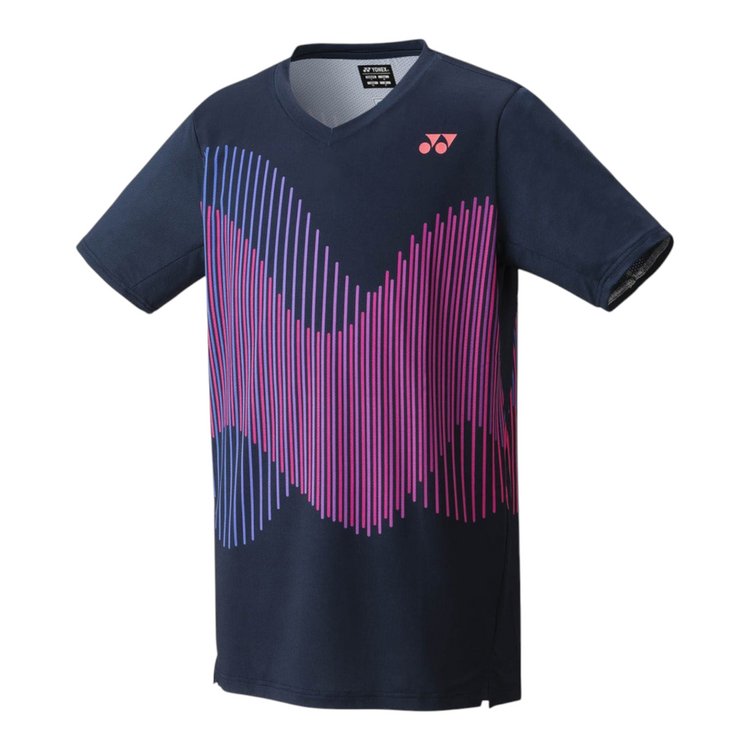 Camiseta deportiva Radach Sports Yonex azul marino con estampado de líneas verticales en rosa y morado para hombre