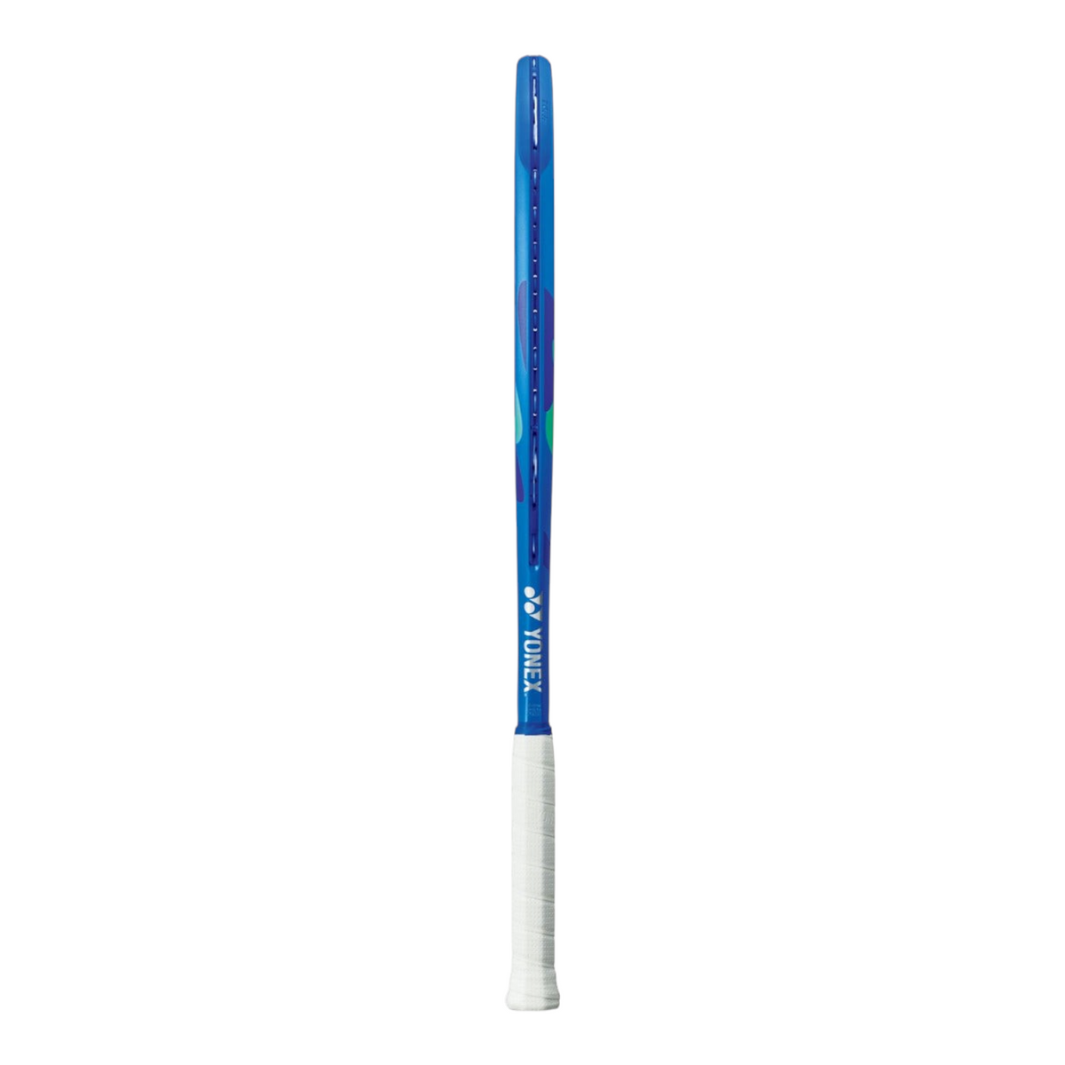 Raqueta de tenis Radach Sports Yonex Ezone 100 2025 en color Blast Blue con empuñadura blanca, vista de perfil