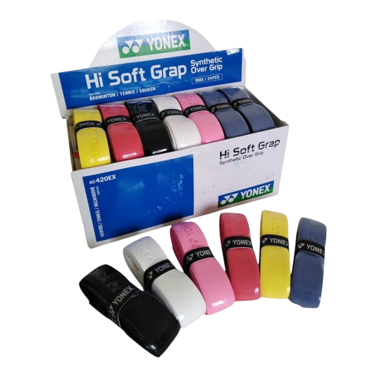 Caja de 24 grips Radach Sports Yonex Hi Soft AC420EX de poliuretano absorbente en colores surtidos para raquetas.