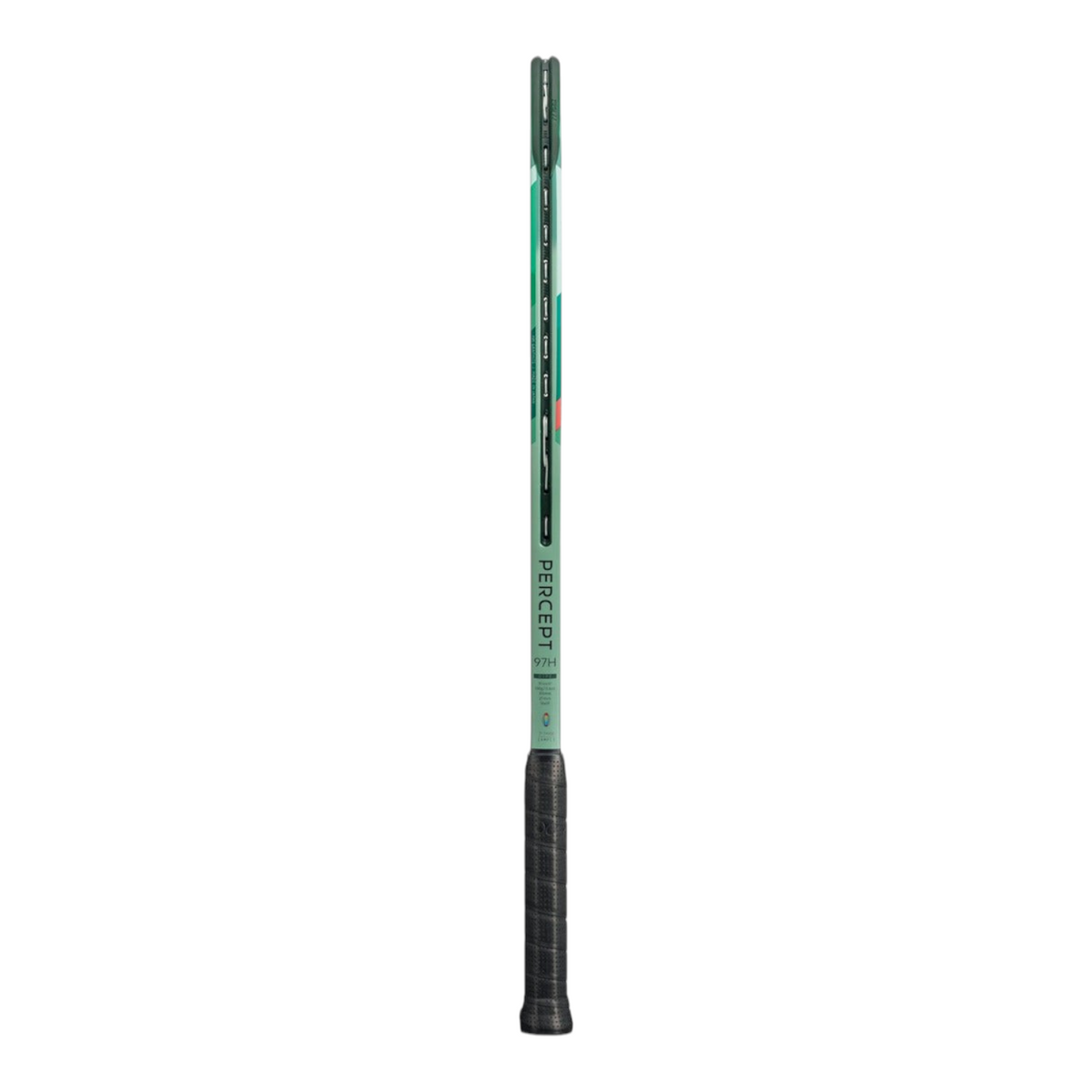 Perfil lateral de la raqueta de tenis Radach Sports Yonex Percept 97H en color verde oliva con detalles fucsia