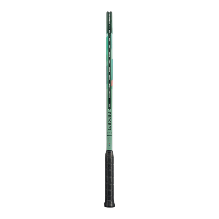 Perfil lateral de la raqueta de tenis Radach Sports Yonex Percept 97H en color verde oliva con detalles fucsia